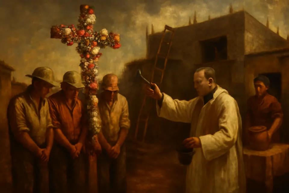 Ilustración en estilo óleo de un sacerdote que bendice con agua bendita la cruz florida que sostienen unos albañiles en una obra, antes de subirla al techo