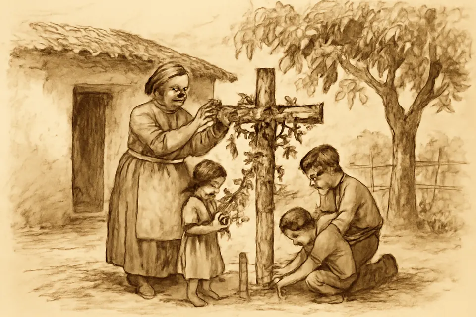 Dibujo a tinta de una abuela y dos niños que adornan con flores y frutas una cruz de palo junto a la puerta de una casa de campo