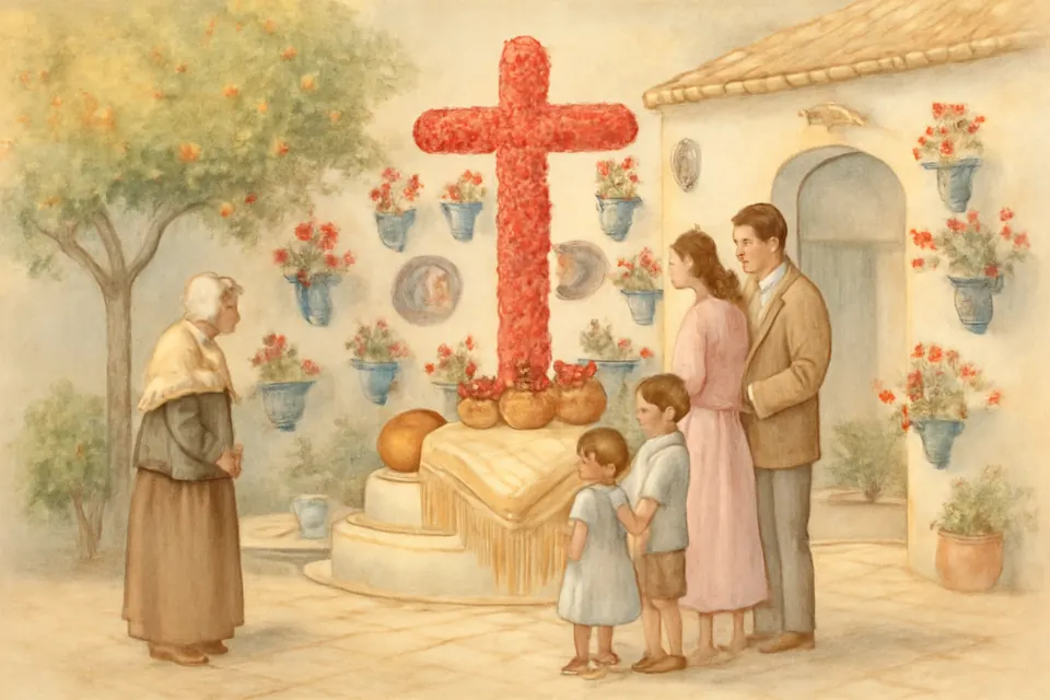 Ilustración en acuarela de un patio andaluz con una gran cruz cubierta de claveles rojos, rodeada de macetas y mantones, mientras unas familias la contemplan