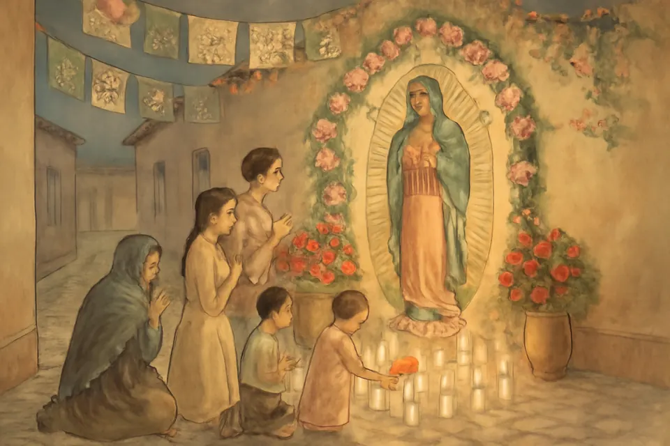 Ilustración en acuarela de un altar callejero a la Virgen de Guadalupe adornado con flores de papel, foquitos y veladoras, ante el que rezan unos vecinos de noche