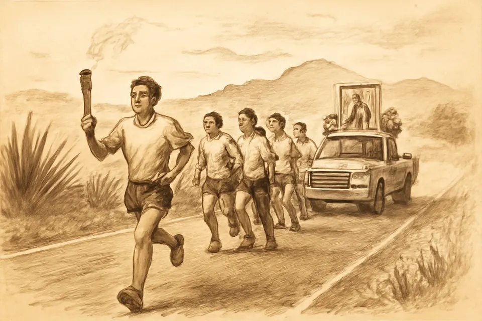 Dibujo a tinta y aguada de un grupo de jóvenes que corre por una carretera al amanecer llevando una antorcha encendida en peregrinación hacia la basílica