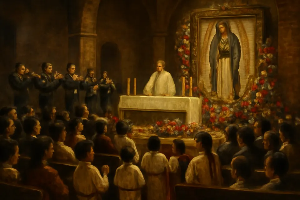 Ilustración al estilo de pintura al óleo de una misa del 12 de diciembre en una parroquia de Estados Unidos, con mariachis junto al altar y una imagen de la Virgen de Guadalupe rodeada de rosas