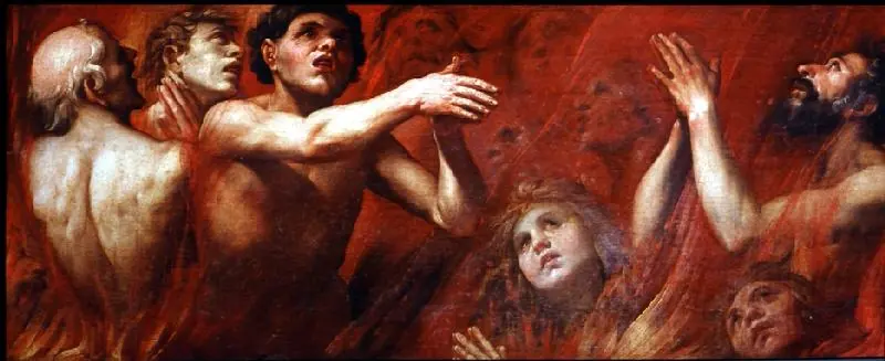 Pintura alargada de hombres y mujeres semidesnudos entre llamas rojizas, con las manos juntas o levantadas hacia lo alto en actitud de súplica