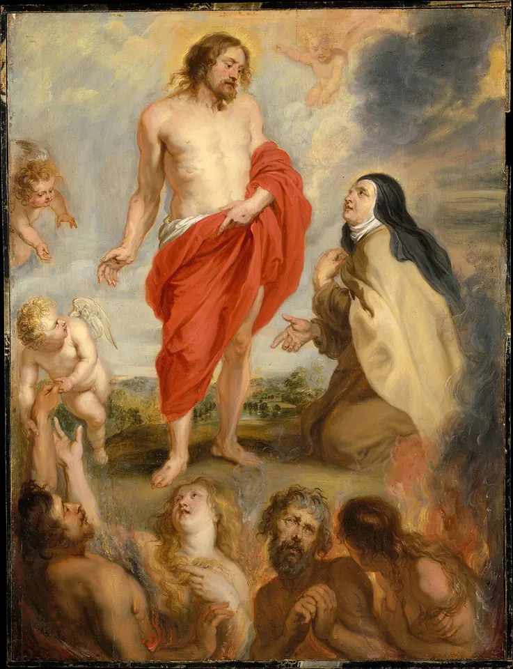 Pintura de Cristo con manto rojo de pie ante Santa Teresa, una monja carmelita arrodillada, mientras unos ángeles sacan almas de entre las llamas a sus pies