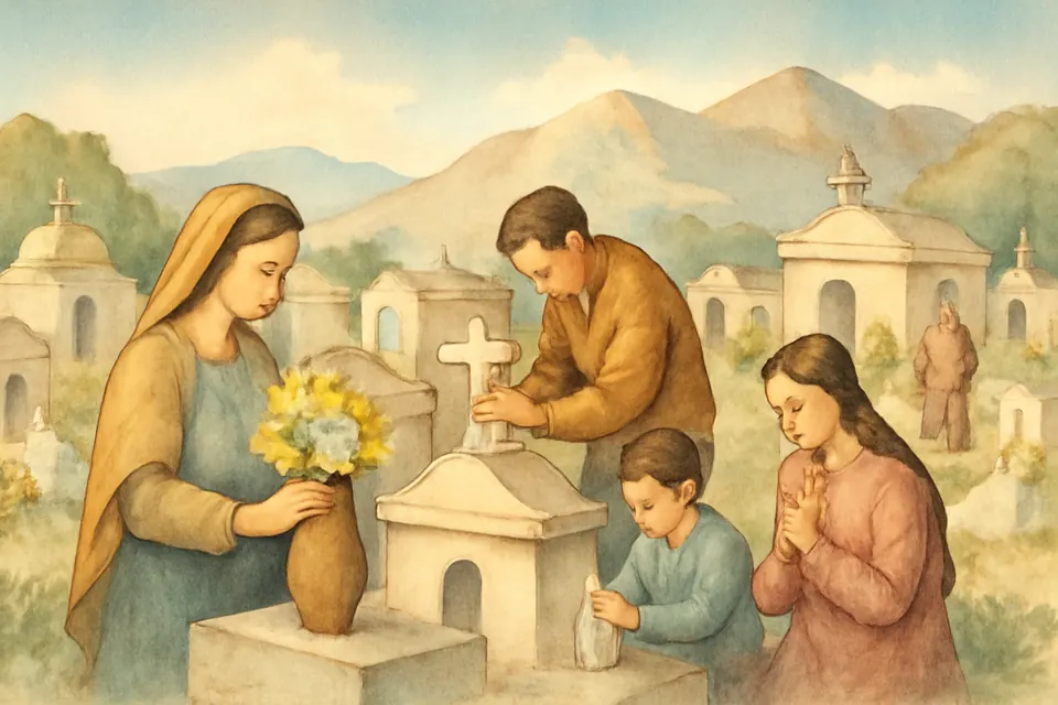 Ilustración en estilo acuarela de una familia que limpia y adorna con flores la tumba de sus abuelos en un cementerio de pueblo, mientras un niño enciende una vela
