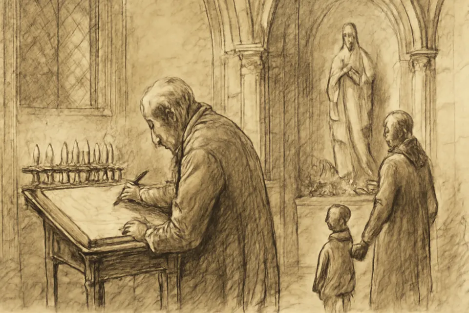 Ilustración en estilo tinta de feligreses que escriben los nombres de sus difuntos en un libro abierto junto al altar durante el mes de noviembre