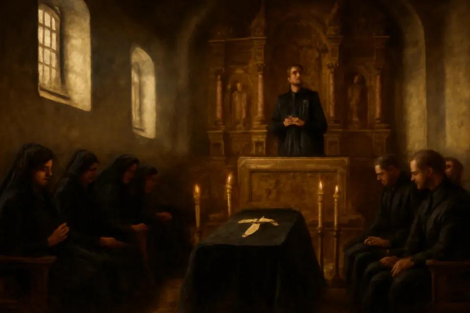 Ilustración en estilo óleo de un sacerdote que celebra la Misa de difuntos el 2 de noviembre, con un túmulo cubierto de paño negro entre cirios y familias de luto en las bancas