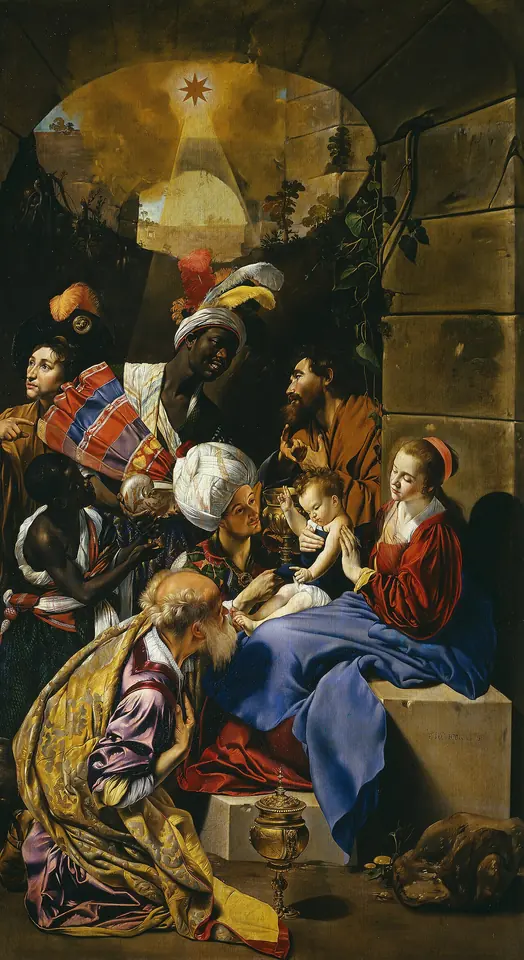 Pintura barroca de colores vivos con un rey anciano de manto dorado arrodillado ante el Niño en brazos de la Virgen, un rey negro con turbante y capa de rayas, otro rey de turbante blanco y una estrella brillante arriba