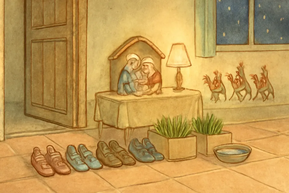 Ilustración en estilo acuarela de zapatos de niños junto a la puerta de una casa la noche de Reyes, con cajitas de pasto para los camellos y el nacimiento al fondo