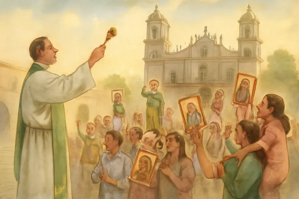Ilustración en acuarela de un sacerdote que bendice con agua bendita las imágenes de San Judas que los fieles levantan en el atrio de un templo
