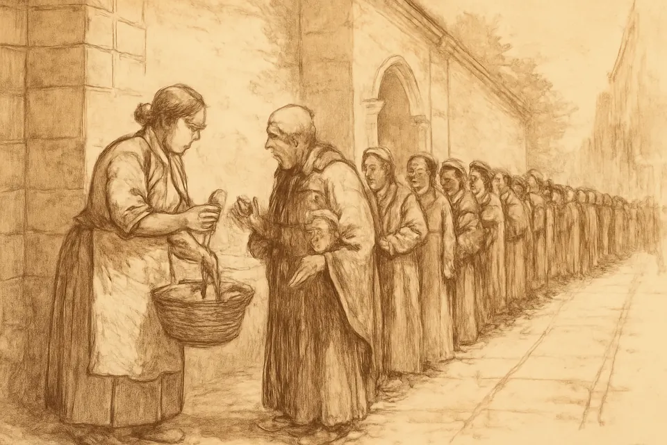 Ilustración en tinta y aguada sepia de una señora que reparte agua y tortas a los peregrinos que esperan en una larga fila junto a un templo