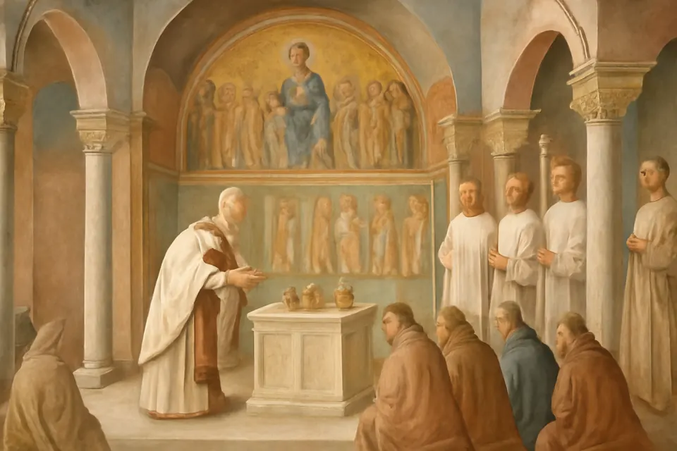 Ilustración en estilo fresco de un Papa del siglo VIII que consagra una capilla dedicada a todos los santos dentro de la antigua basílica de San Pedro
