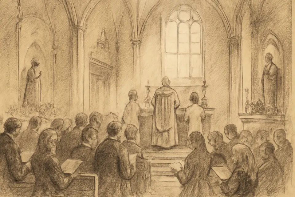 Ilustración en estilo tinta de una Misa de Todos los Santos en una parroquia, con el sacerdote de blanco y los fieles cantando la letanía de los santos