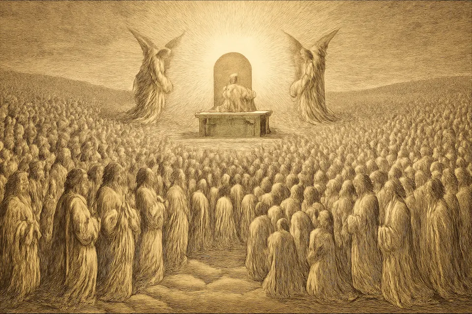 Ilustración en estilo grabado de una gran muchedumbre vestida de blanco, con palmas en las manos, que adora al Cordero ante el trono de Dios