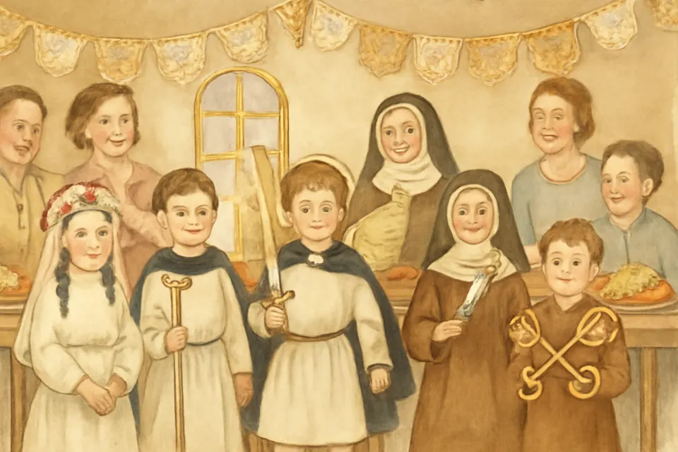 Ilustración en estilo acuarela de niños disfrazados de santos en una fiesta parroquial de Todos los Santos, mientras sus compañeros adivinan quién es cada uno