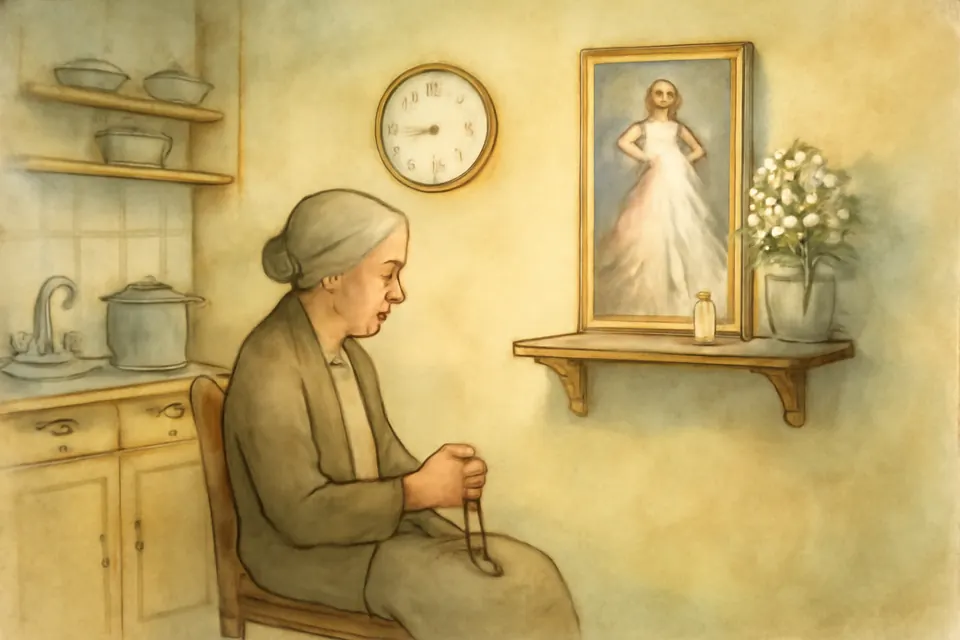Ilustración en acuarela de una abuela que reza ante una pequeña imagen de Jesús misericordioso en el altar de su casa, con una veladora encendida