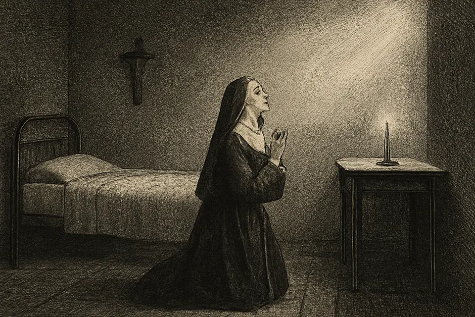 Ilustración en estilo grabado de una joven religiosa arrodillada de noche en su celda del convento, mirando hacia una luz suave que llena la habitación
