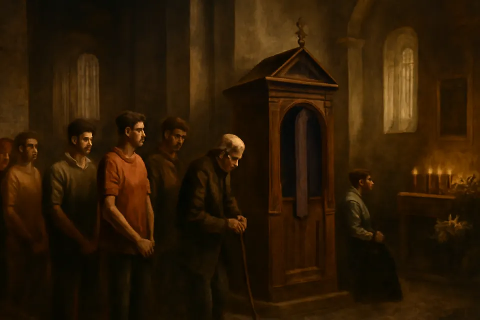 Ilustración en estilo óleo de una larga fila de fieles que esperan para confesarse en una parroquia el Domingo de la Misericordia