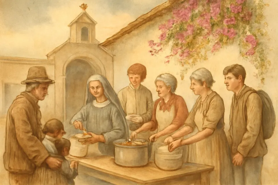 Ilustración en acuarela de voluntarios de una parroquia que sirven comida caliente a personas necesitadas en el patio de la iglesia