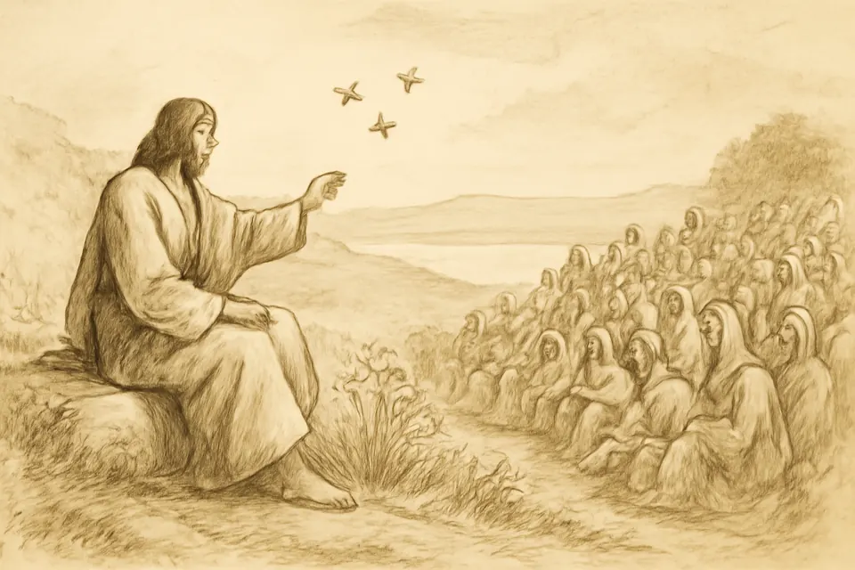 Dibujo a tinta y aguada de Jesús sentado en una ladera que señala a unos pájaros en vuelo y a los lirios del campo, mientras la gente lo escucha