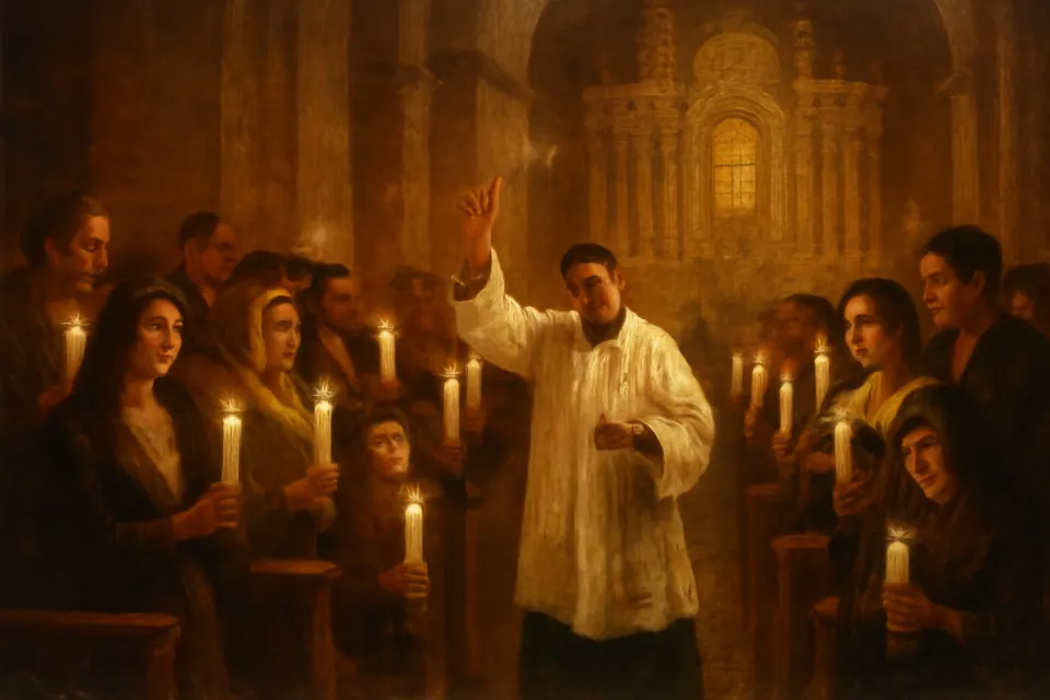 Ilustración al estilo de pintura al óleo de un sacerdote que bendice con agua bendita las veladoras blancas que sostienen los fieles en una misa de fin de año
