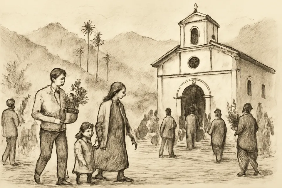 Ilustración en estilo de dibujo a tinta de una familia colombiana que lleva una planta viva en una maceta para que la bendigan en la misa del Domingo de Ramos