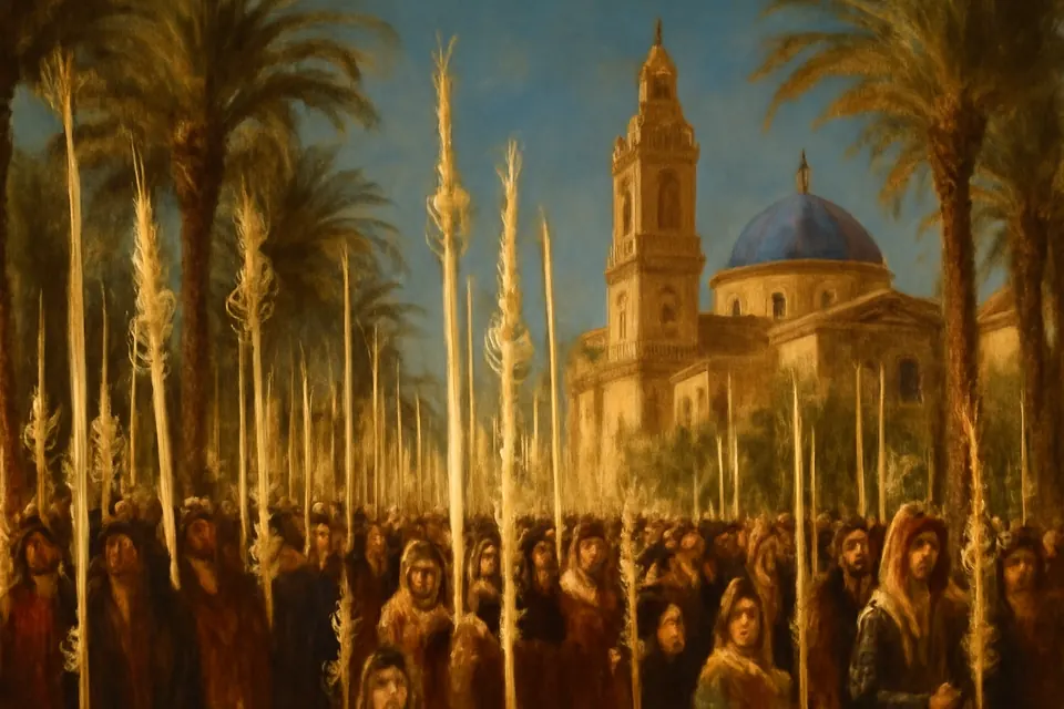 Ilustración en estilo óleo de una procesión de Domingo de Ramos con cientos de palmas blancas, altas y trenzadas, bajo un cielo azul junto a una iglesia barroca