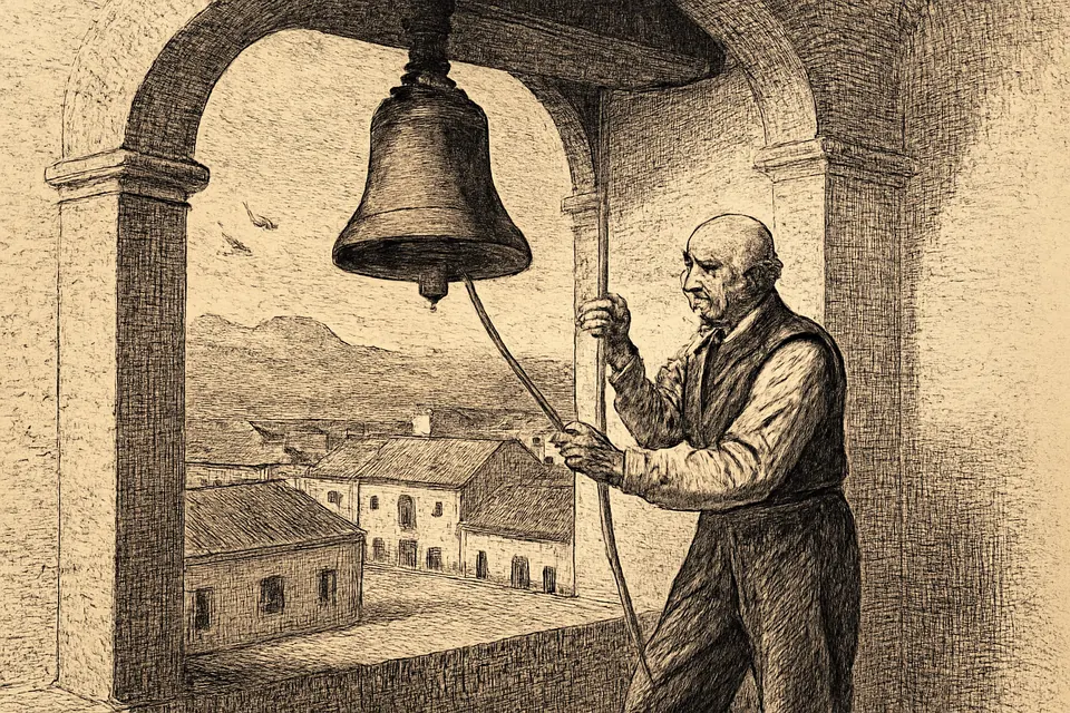 Ilustración en estilo grabado de un sacristán que toca la campana del mediodía en la torre de una iglesia colonial, con los tejados del pueblo abajo