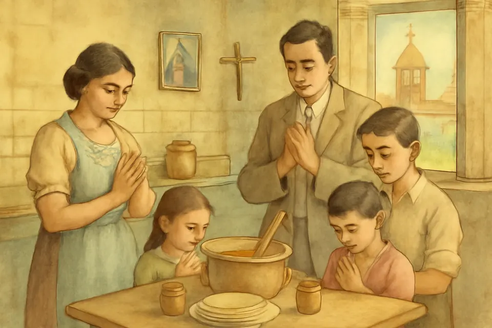 Ilustración en estilo acuarela de una familia que deja la comida en la mesa y reza de pie el Ángelus en la cocina de su casa a mediodía