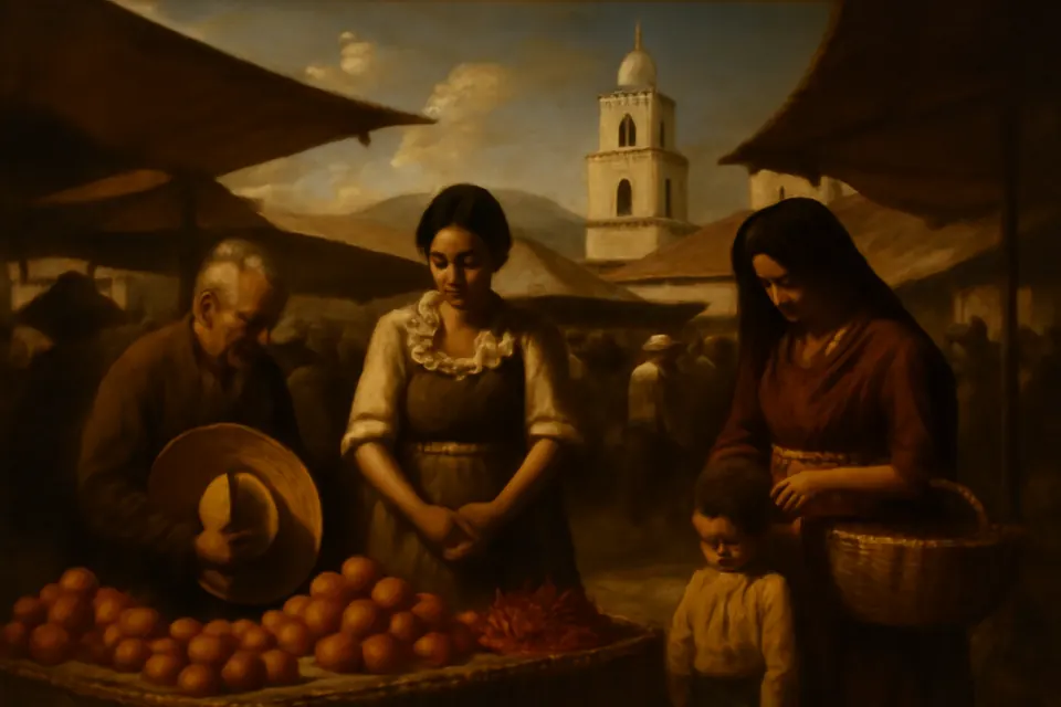 Ilustración en estilo óleo de vendedoras y compradores que se detienen a rezar en un mercado de pueblo a mediodía al oír la campana de la iglesia