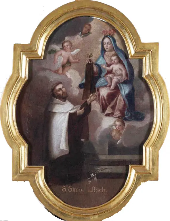 Pintura novohispana en un marco dorado de un carmelita de capa blanca, arrodillado, que alza las manos mientras la Virgen y el Niño, sentados entre nubes y cabecitas de ángeles, le tienden un escapulario pardo