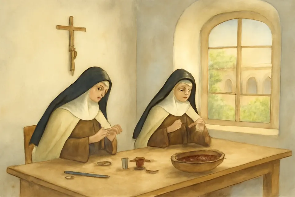 Ilustración en estilo acuarela de dos monjas carmelitas de hábito pardo y velo negro que cosen escapularios de lana junto a la ventana de su convento
