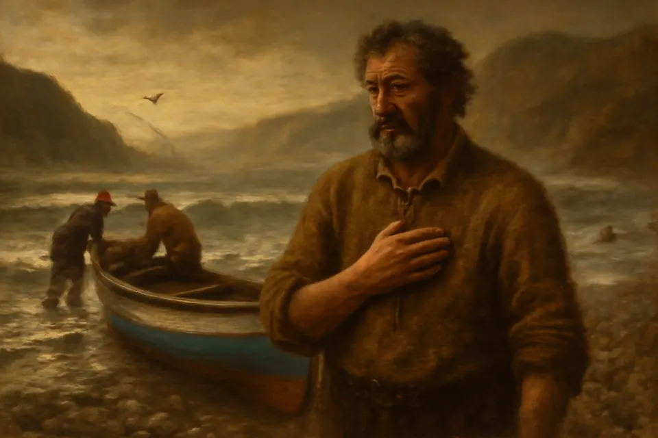 Ilustración en estilo óleo de un pescador chileno que toca el escapulario sobre su pecho antes de salir al mar, junto a su bote en una caleta al amanecer