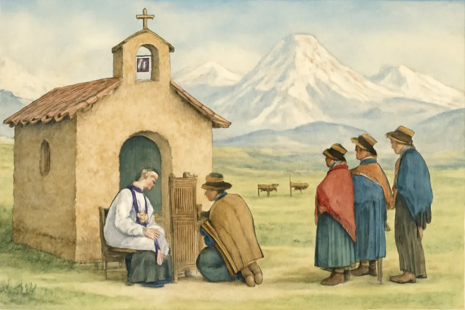 Ilustración en estilo acuarela de un sacerdote misionero que escucha confesiones sentado en una silla junto a la capilla de un pueblo andino, mientras los campesinos esperan