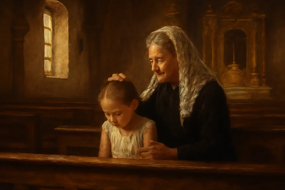 Ilustración de estilo óleo de una abuela que enseña a su nieta pequeña a inclinar la cabeza al decir el Gloria al Padre, sentadas en un banco de iglesia