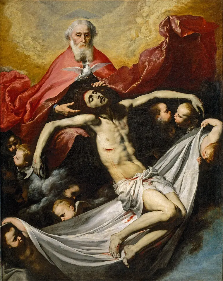 Dios Padre, con manto rojo, sostiene sobre un sudario blanco el cuerpo de Cristo muerto, con la paloma del Espíritu Santo entre los dos y cabezas de ángeles alrededor