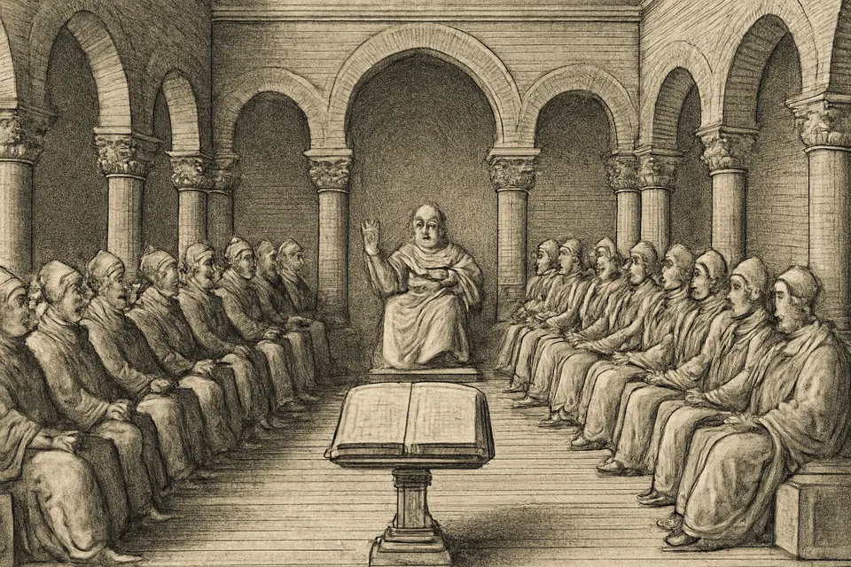 Ilustración en estilo grabado de los obispos del IV Concilio de Toledo reunidos en una iglesia visigoda en el año 633, presididos por un anciano obispo