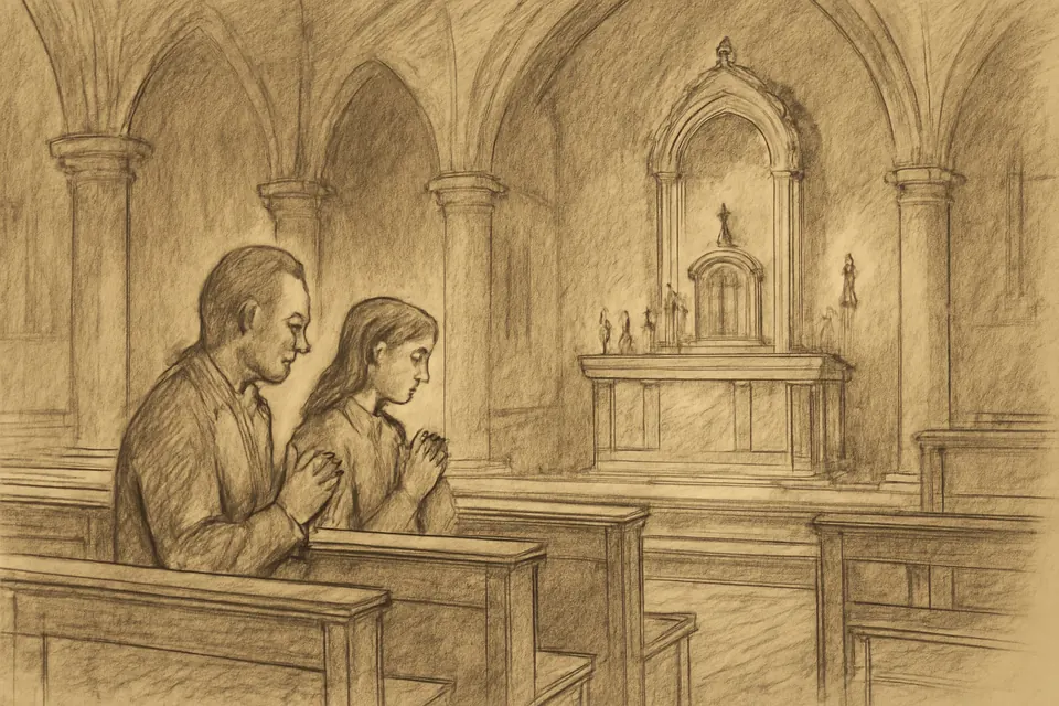 Ilustración en estilo tinta de un hombre y su hija arrodillados en una iglesia casi vacía el 2 de noviembre, rezando ante el sagrario