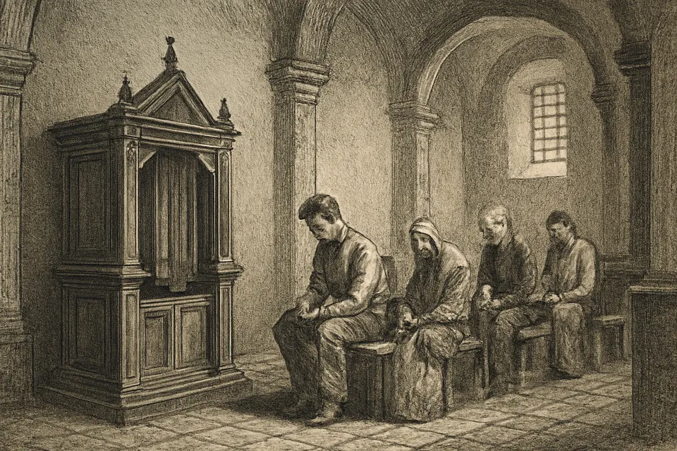 Ilustración en estilo grabado de varias personas esperando su turno junto a un confesionario de madera en una iglesia colonial