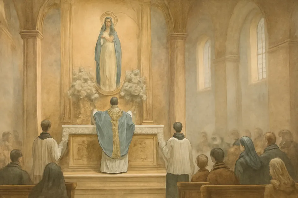 Ilustración al estilo de fresco de un sacerdote con casulla azul celeste que celebra la misa de la Inmaculada en una iglesia española adornada con flores blancas