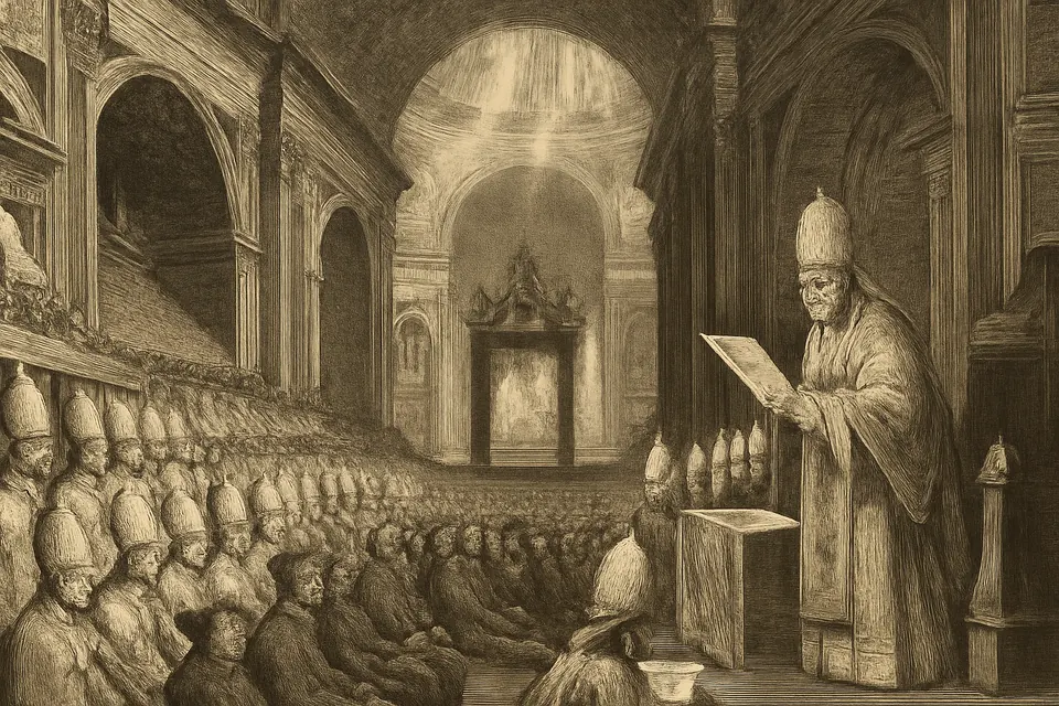 Ilustración al estilo de grabado antiguo de un papa que lee la definición del dogma desde un trono en la basílica de San Pedro, ante cientos de obispos con mitras blancas