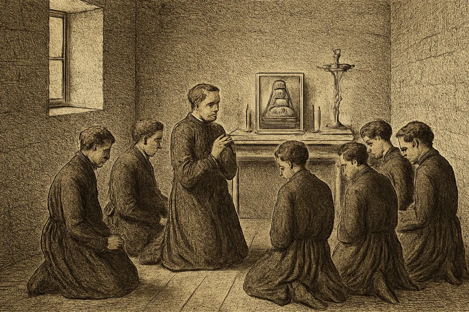Ilustración en estilo grabado de seis jóvenes sacerdotes y un misionero de unos cuarenta años reunidos en oración en una pequeña habitación de seminario en Vic, en 1849
