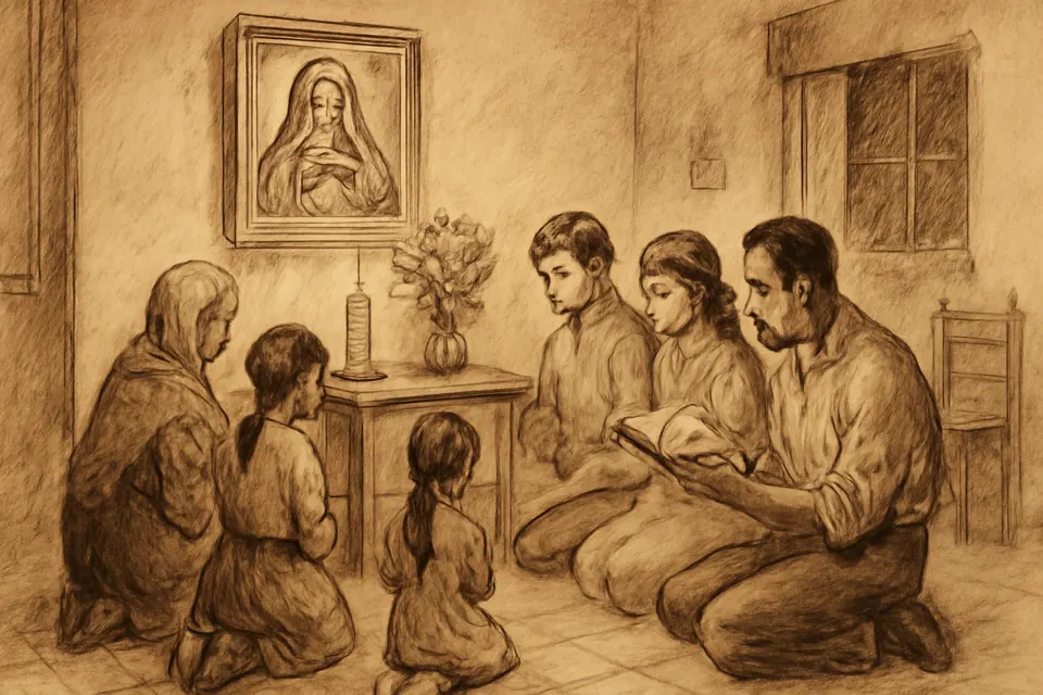 Ilustración en estilo tinta de una familia mexicana arrodillada en la sala de su casa que se consagra al Inmaculado Corazón de María ante un cuadro de la Virgen y una veladora