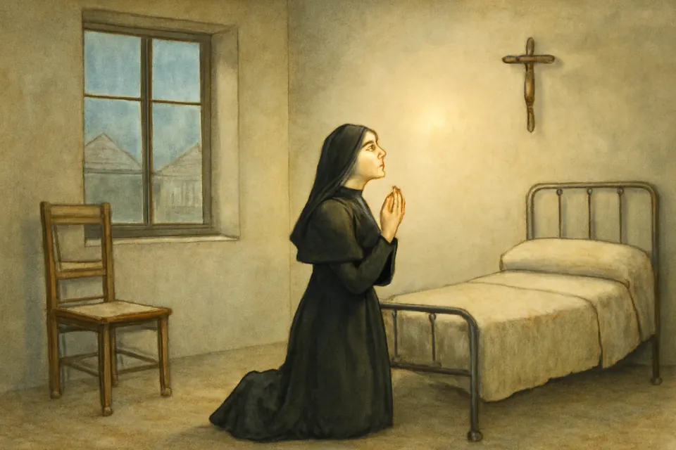 Ilustración en acuarela de una joven postulante que reza arrodillada junto a su cama en una celda sencilla de convento en Pontevedra, en una noche de invierno de 1925