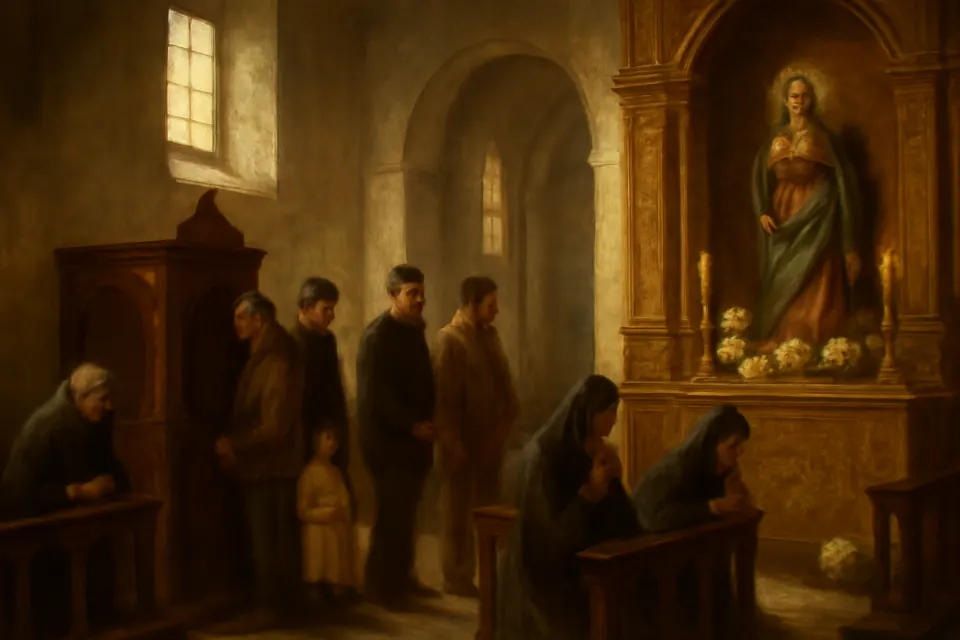 Ilustración en estilo óleo de fieles que hacen fila para confesarse un primer sábado por la mañana en una parroquia latinoamericana, con una imagen del Inmaculado Corazón en el altar lateral