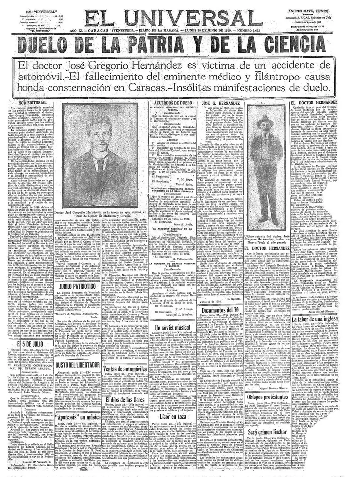 Primera plana del diario El Universal de Caracas del 30 de junio de 1919, con el titular "Duelo de la patria y de la ciencia" y dos fotografías del doctor Hernández