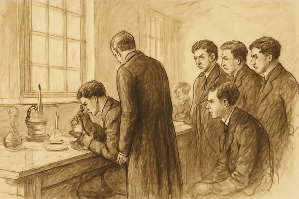 Ilustración en tinta y aguada sepia de un profesor de medicina que enseña a sus alumnos a usar el microscopio en un laboratorio de Caracas hacia 1895