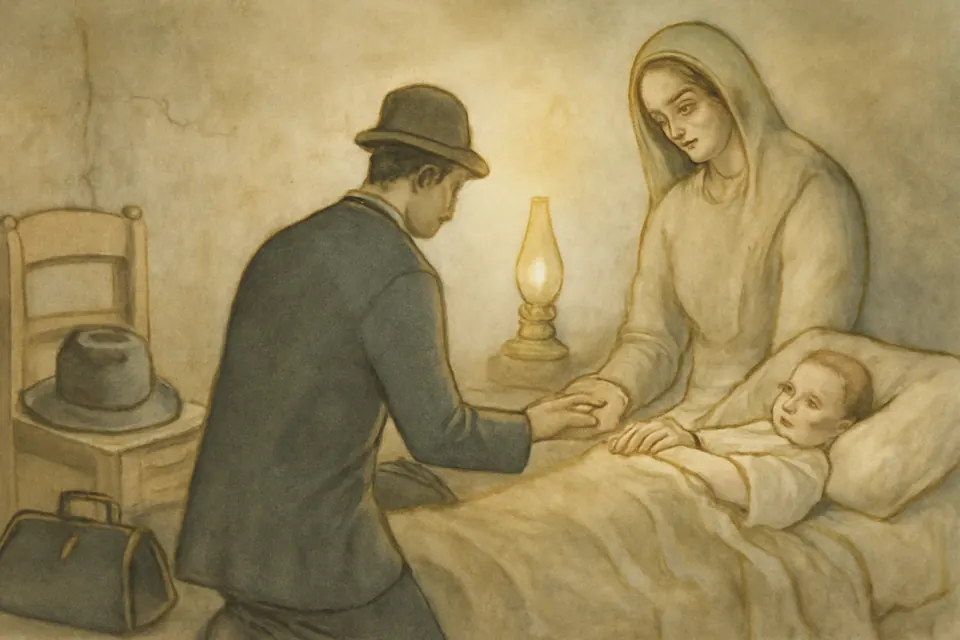 Ilustración en acuarela de un médico con traje oscuro, de espaldas, arrodillado junto a la cama de un niño enfermo en una casa humilde, mientras deja unas monedas en la mano de la madre