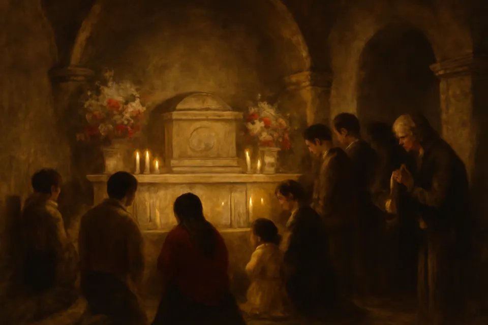 Ilustración en estilo óleo de familias y jóvenes peregrinos que rezan con velas ante la capilla de un templo mexicano donde se veneran los restos de un santo