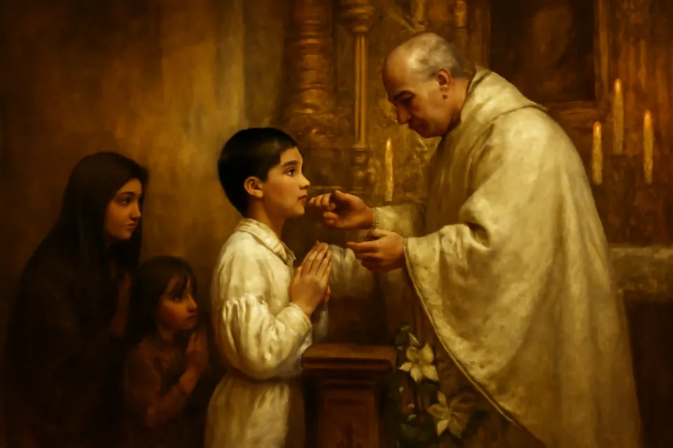 Ilustración en estilo óleo de un niño mexicano de nueve años, vestido de blanco, que recibe la primera comunión en una iglesia de Guadalajara en los años veinte